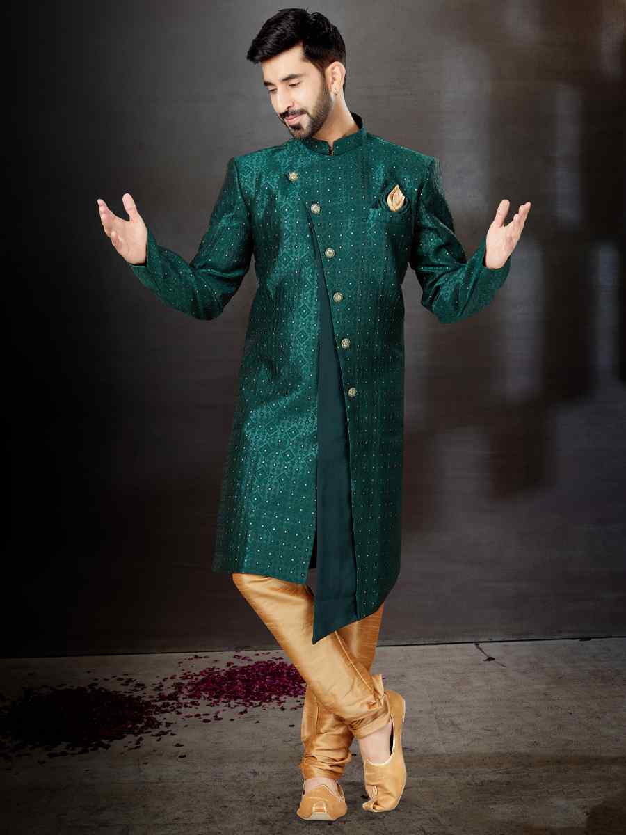 Bottal Green Banarasi Jacquard Silk Dupion Embroidered Festival Wedding Sherwani