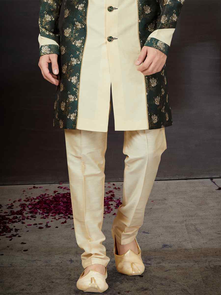 Bottal Green Banarasi Jacquard Silk Dupion Embroidered Festival Wedding Sherwani