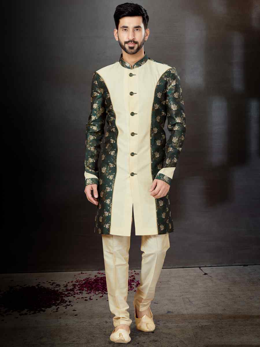 Bottal Green Banarasi Jacquard Silk Dupion Embroidered Festival Wedding Sherwani