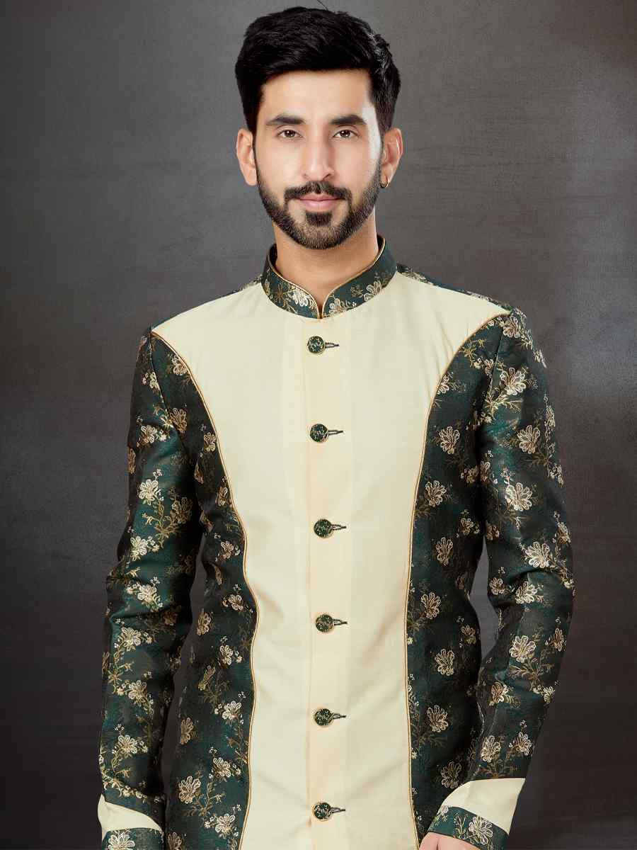 Bottal Green Banarasi Jacquard Silk Dupion Embroidered Festival Wedding Sherwani