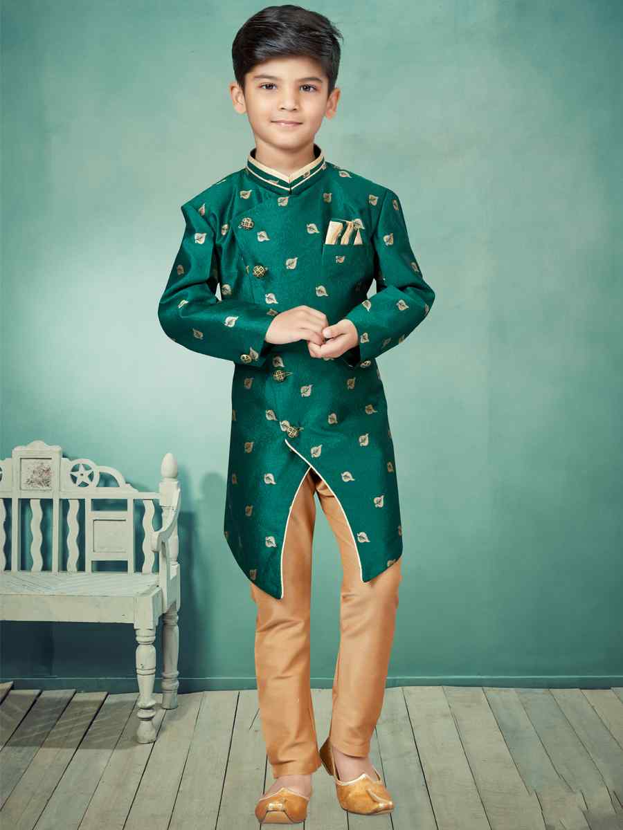 Bottal Green Jacquard Embroidered Party Festival Kurta Pyjama Boys Wear