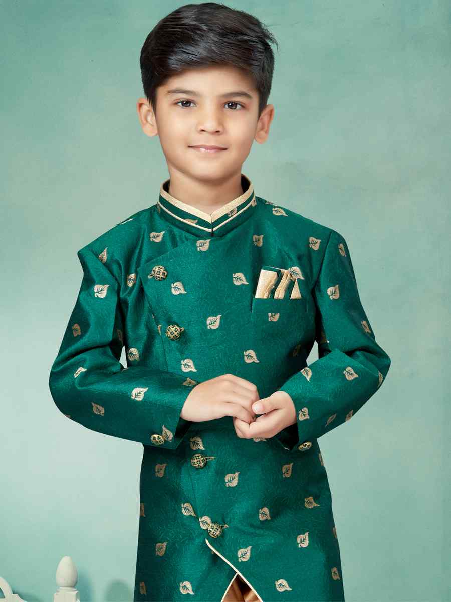 Bottal Green Jacquard Embroidered Party Festival Kurta Pyjama Boys Wear