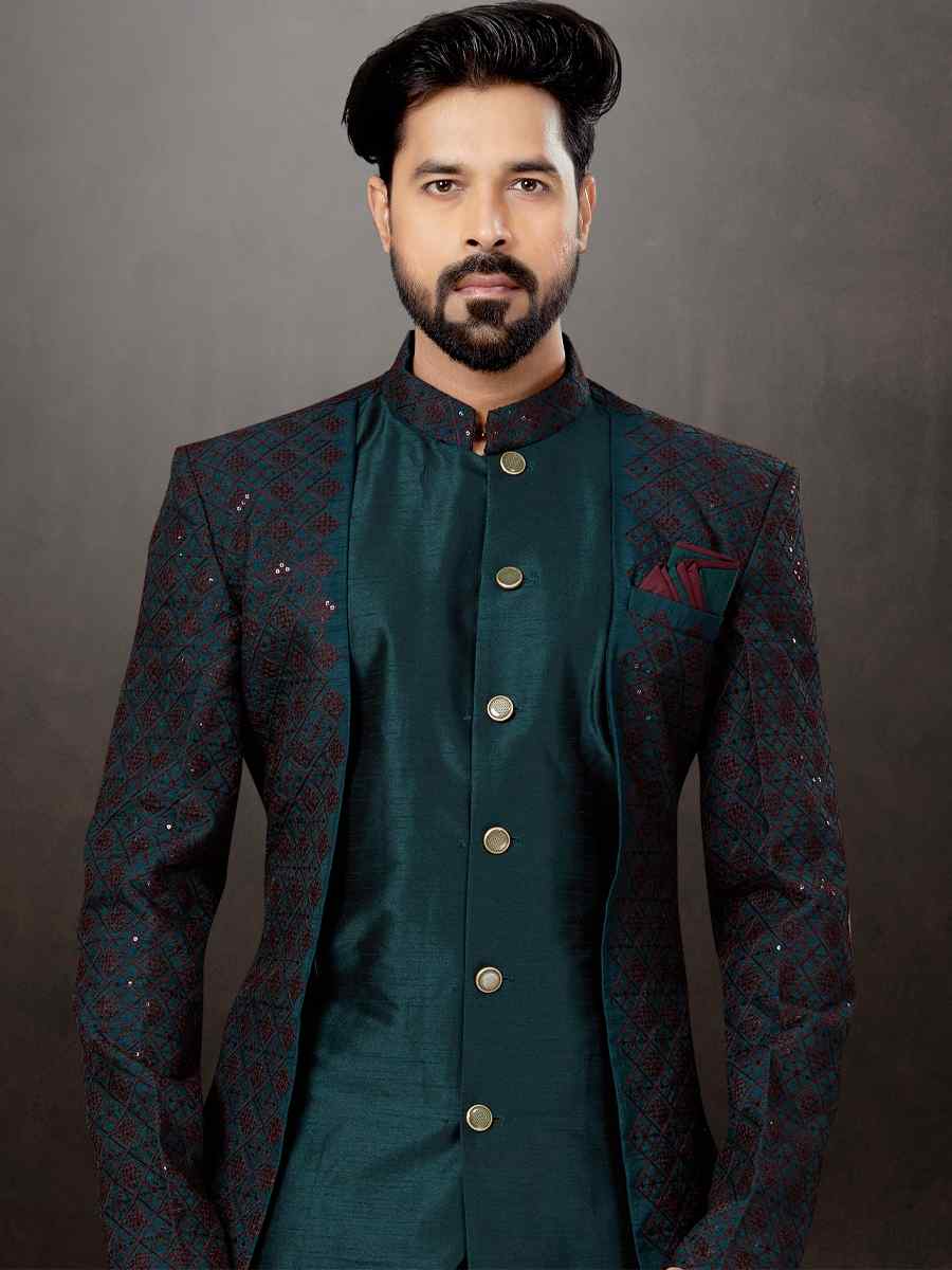 Bottal Green Lucknowi Jacquard Silk Dupion Embroidered Festival Wedding Sherwani