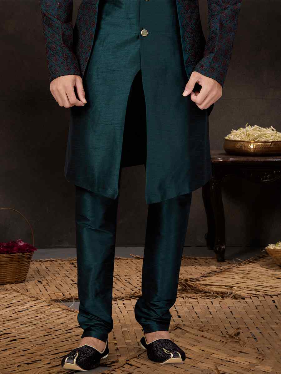 Bottal Green Lucknowi Jacquard Silk Dupion Embroidered Festival Wedding Sherwani
