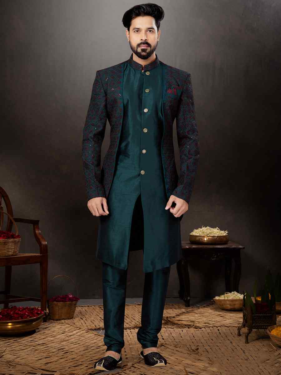 Bottal Green Lucknowi Jacquard Silk Dupion Embroidered Festival Wedding Sherwani