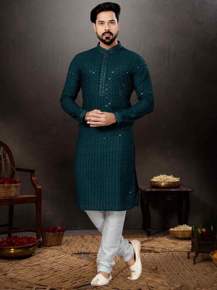 Bottal Green Rayon Lucknowi Woven Festival Wedding Kurta