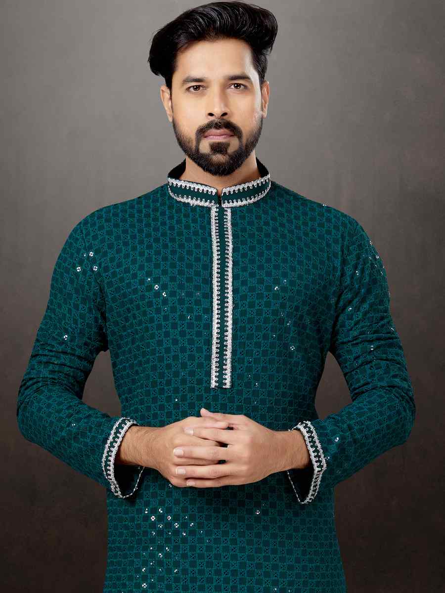 Bottal Green Rayon Lucknowi Woven Festival Wedding Kurta