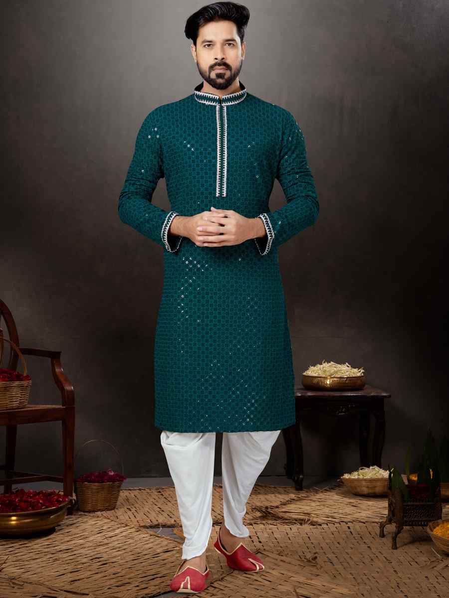 Bottal Green Rayon Lucknowi Woven Festival Wedding Kurta