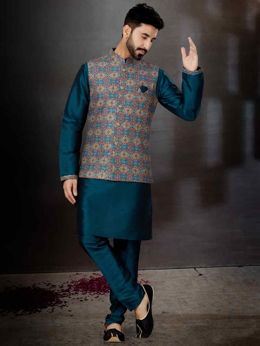 Bottal Green Silk Dupion Woven Festival Wedding Kurta