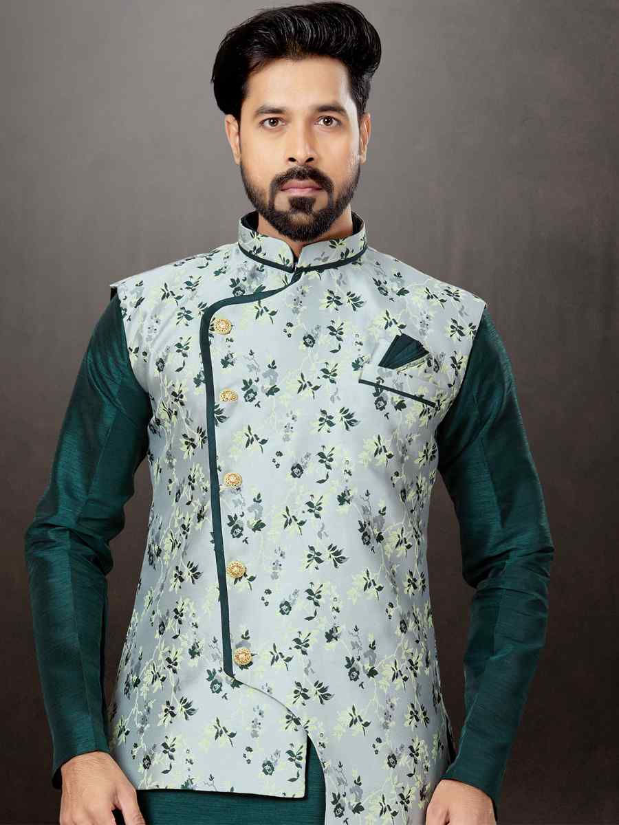 Bottal Green Silk Dupion Woven Festival Wedding Kurta