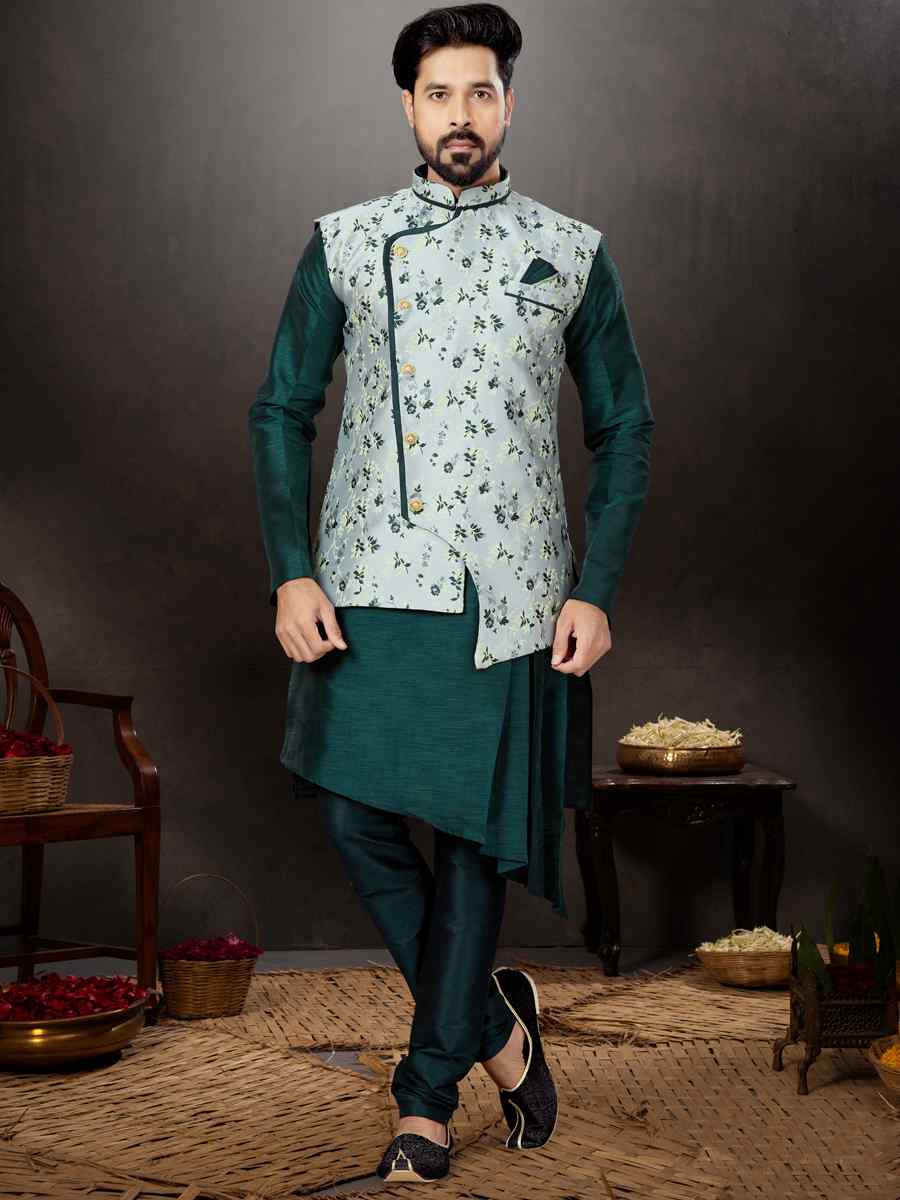 Bottal Green Silk Dupion Woven Festival Wedding Kurta