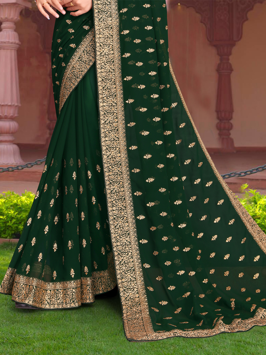 Bottel Green Georgette Embroidered Reception Party Heavy Border Saree