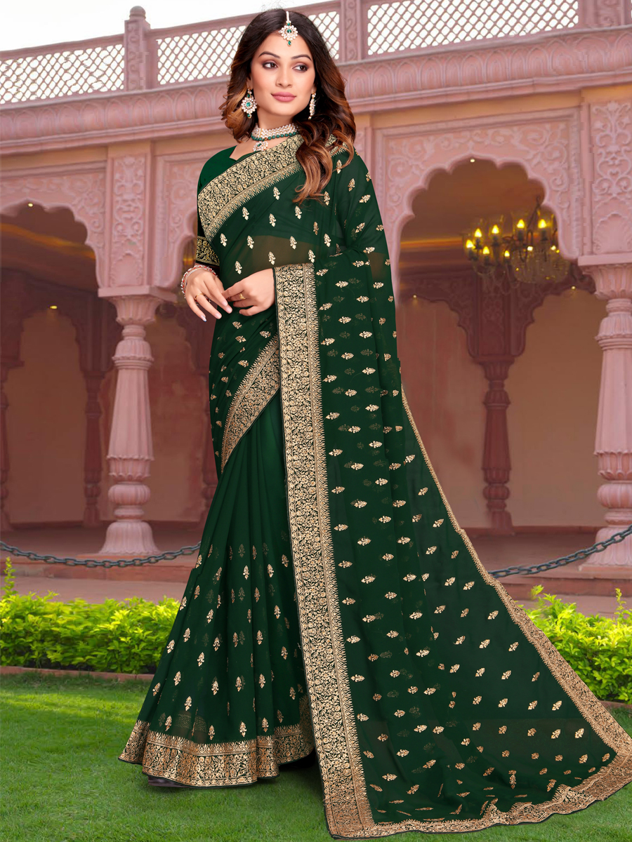 Bottel Green Georgette Embroidered Reception Party Heavy Border Saree