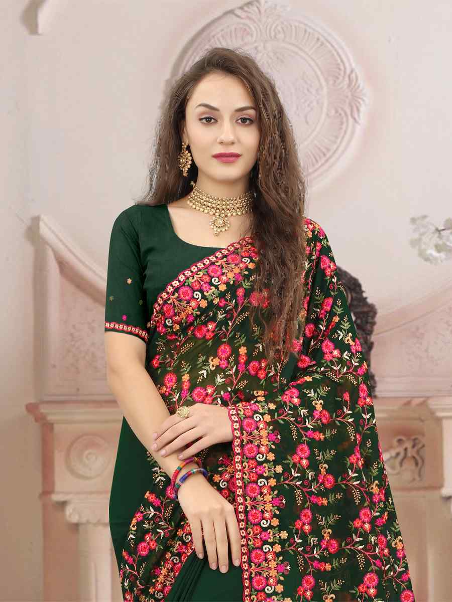 Bottel Green Georgette Embroidered Wedding Party Georgette Classic Style Saree
