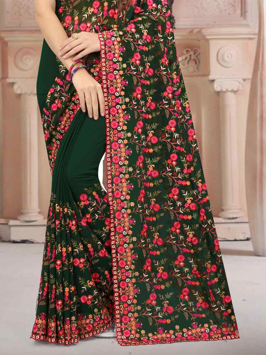Bottel Green Georgette Embroidered Wedding Party Georgette Classic Style Saree