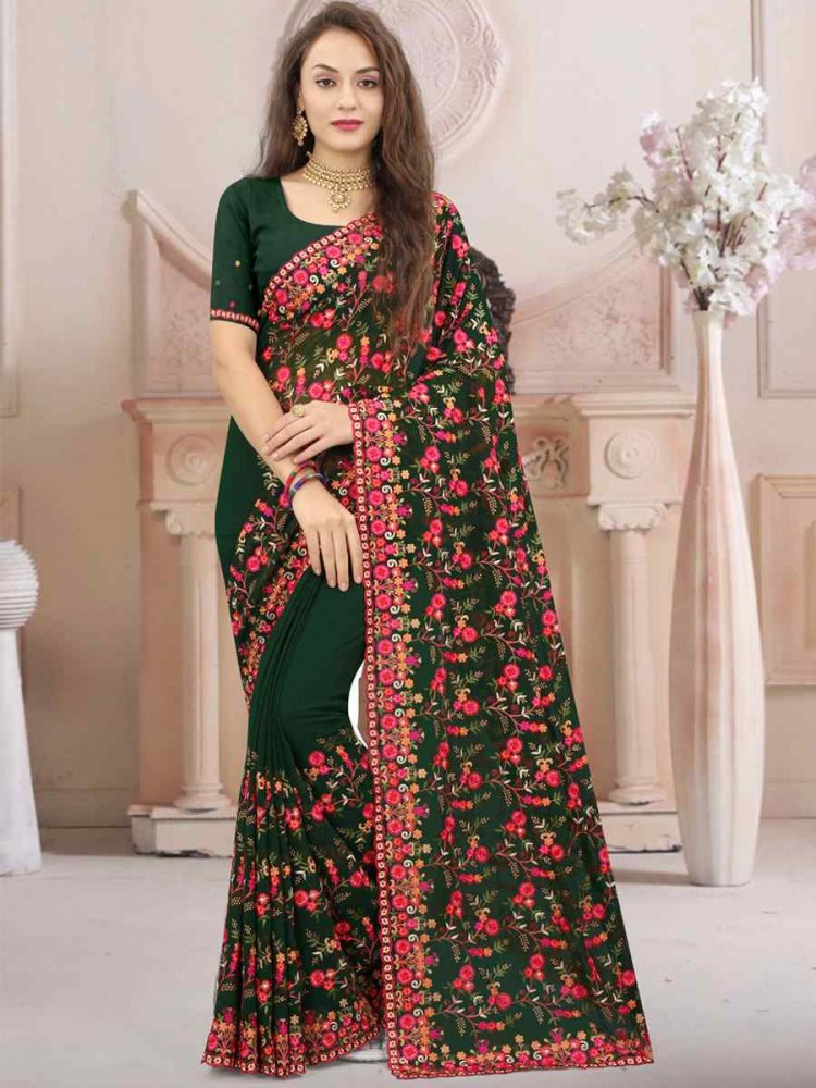 Bottel Green Georgette Embroidered Wedding Party Georgette Classic Style Saree