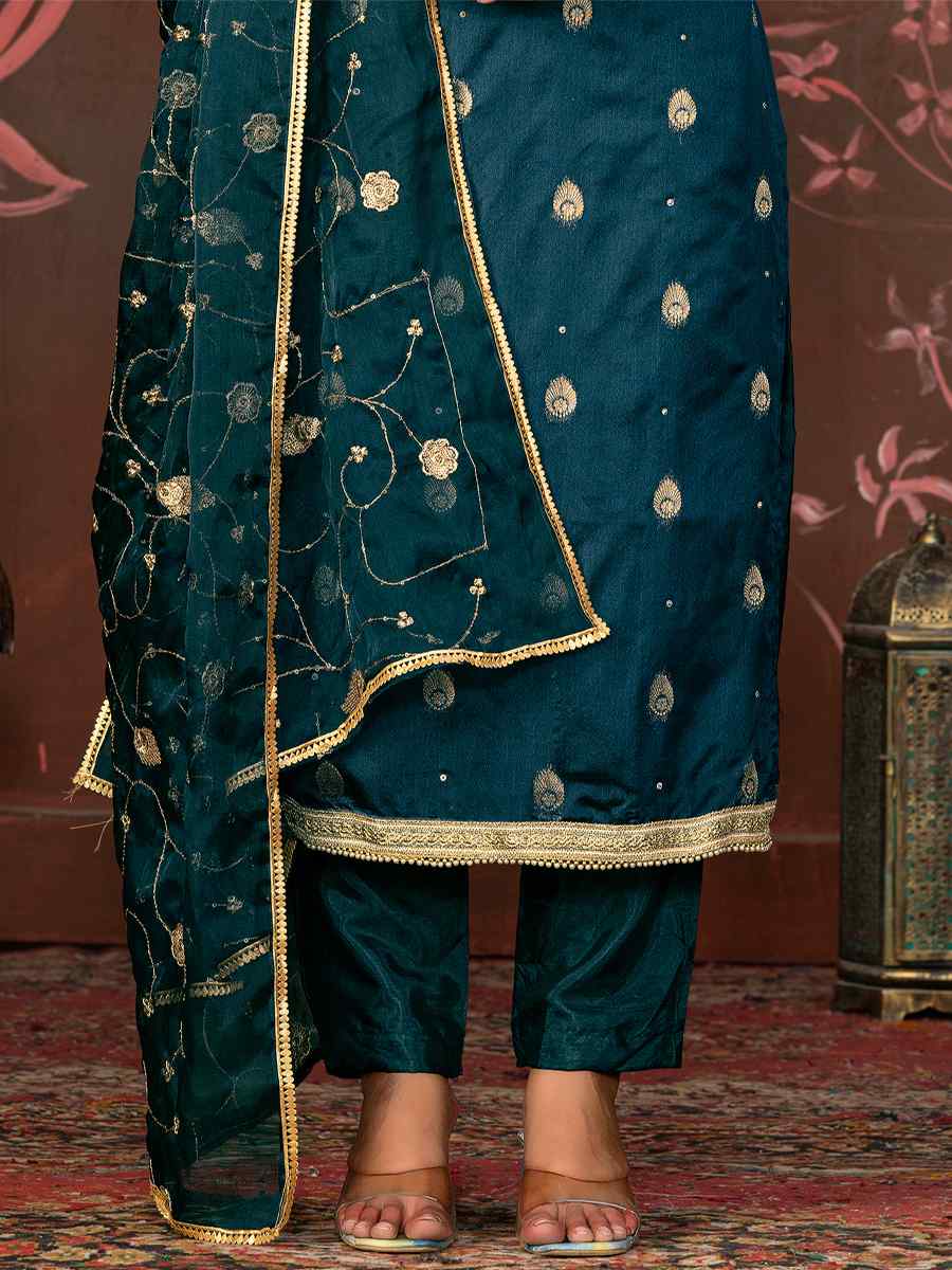 Bottle Blue Banarasi Organza Embroidered Casual Festival Pant Salwar Kameez