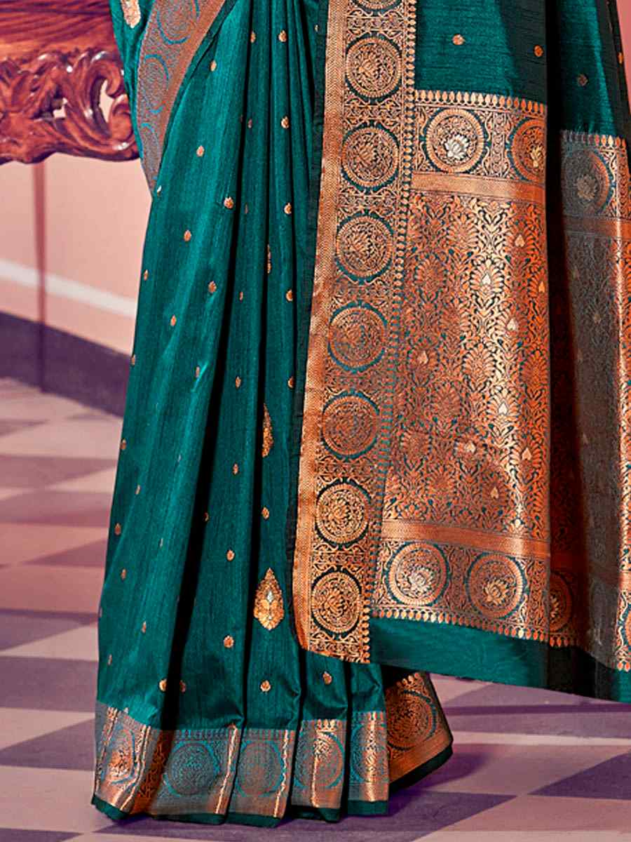 Bottle Blue Banarasi Silk Handwoven Wedding Festival Heavy Border Saree