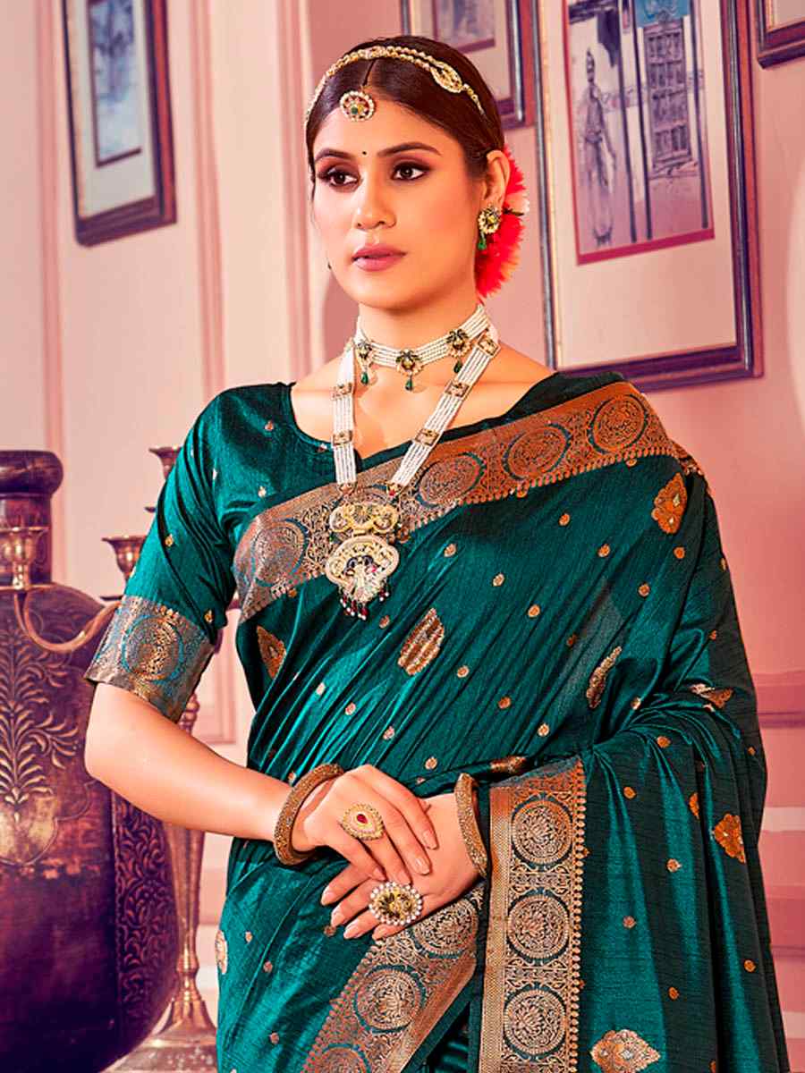 Bottle Blue Banarasi Silk Handwoven Wedding Festival Heavy Border Saree