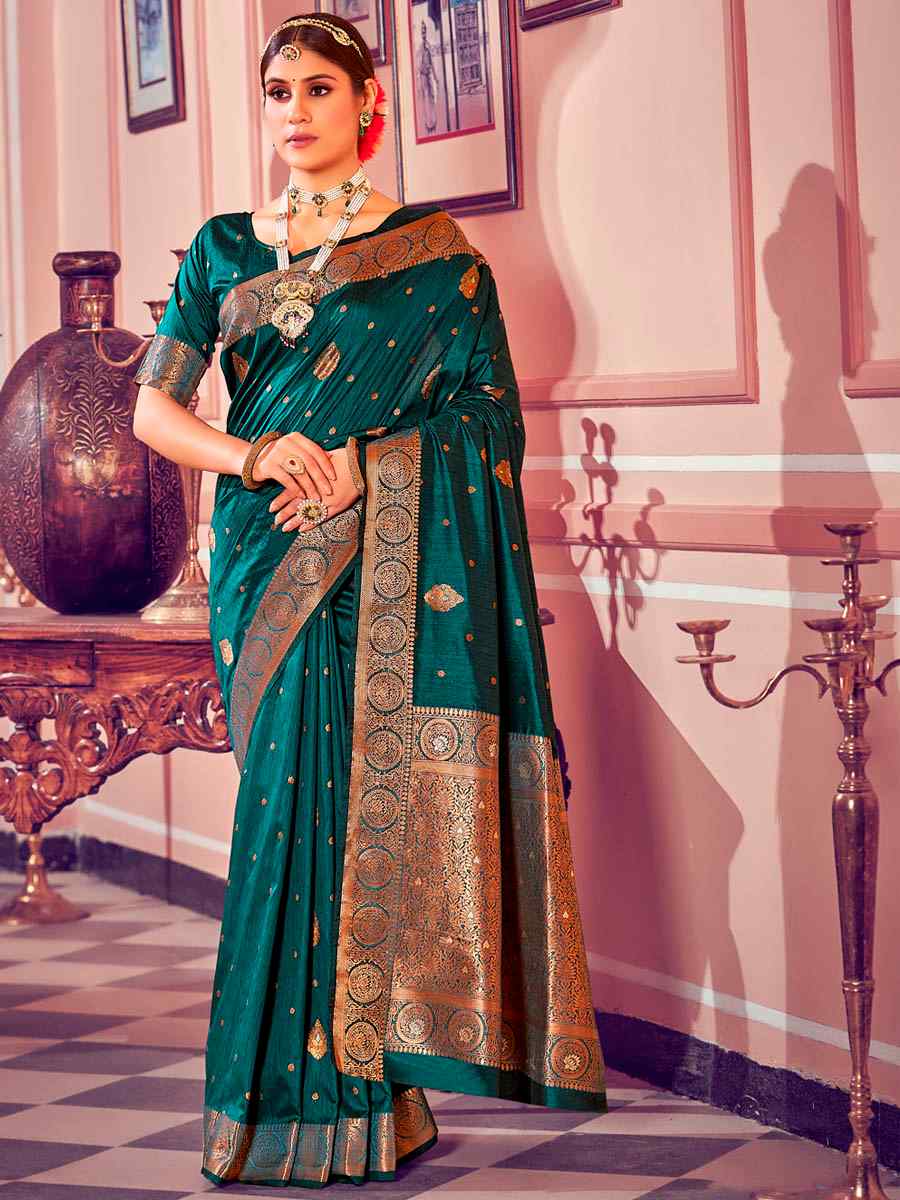Bottle Blue Banarasi Silk Handwoven Wedding Festival Heavy Border Saree