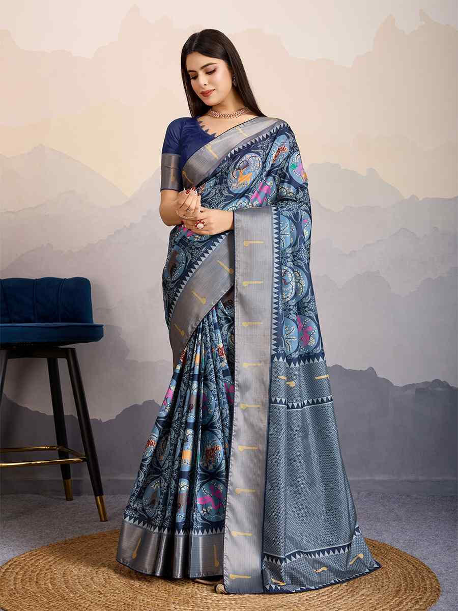 Bottle Blue Dola Satin Silk Handwoven Festival Wedding Fancy Heavy Border Saree