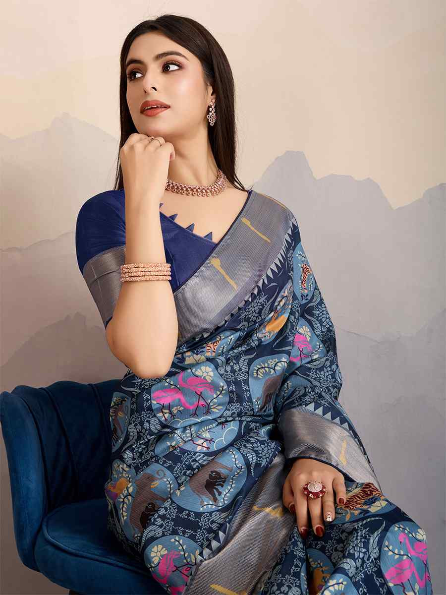 Bottle Blue Dola Satin Silk Handwoven Festival Wedding Fancy Heavy Border Saree