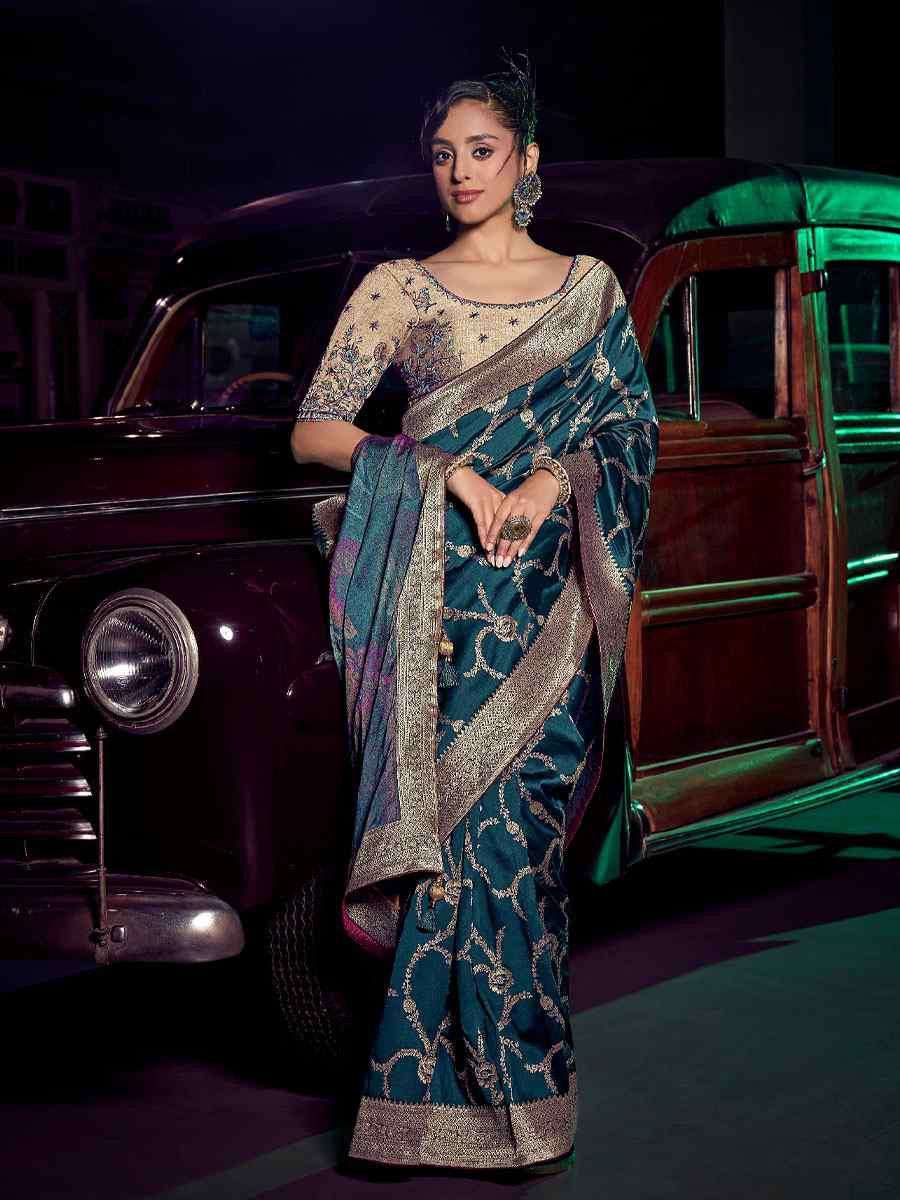 Bottle Blue Pure Silk Printed Handwoven Traditional Bridal Reception Festival Wedding Fancy Heavy Border Sarees