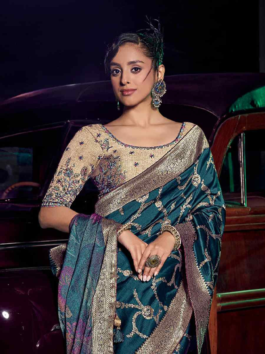 Bottle Blue Pure Silk Printed Handwoven Traditional Bridal Reception Festival Wedding Fancy Heavy Border Sarees