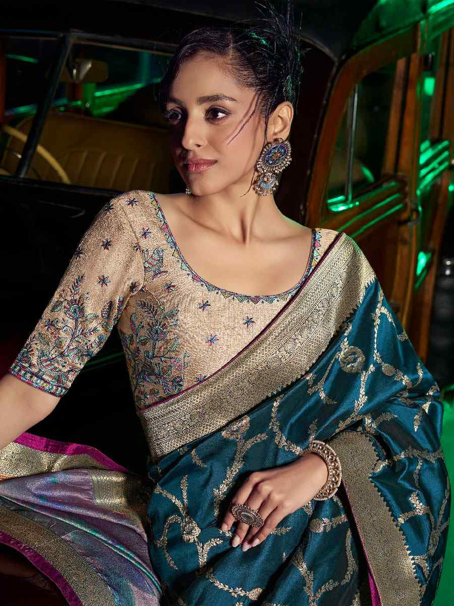 Bottle Blue Pure Silk Printed Handwoven Traditional Bridal Reception Festival Wedding Fancy Heavy Border Sarees