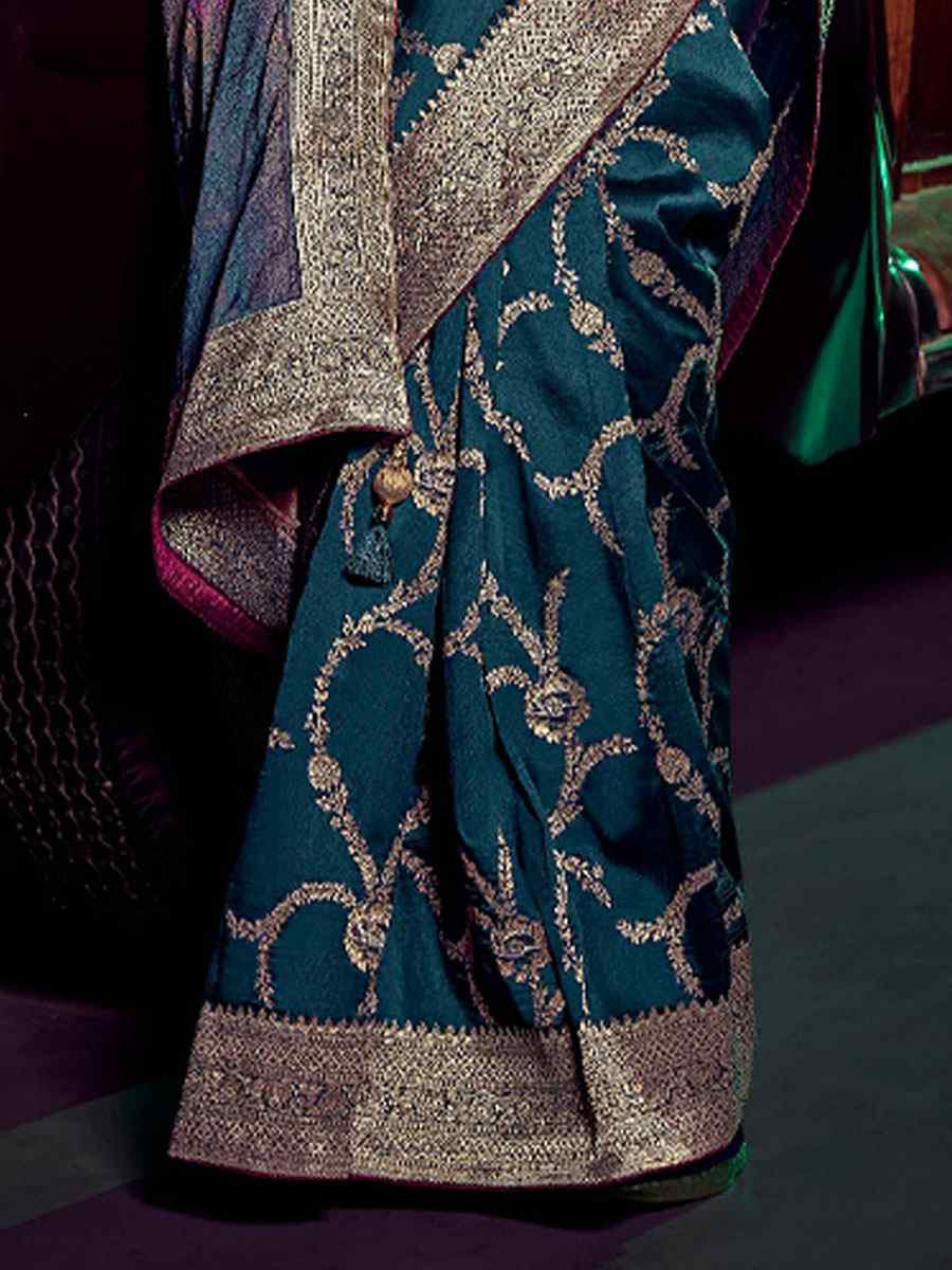 Bottle Blue Pure Silk Printed Handwoven Traditional Bridal Reception Festival Wedding Fancy Heavy Border Sarees