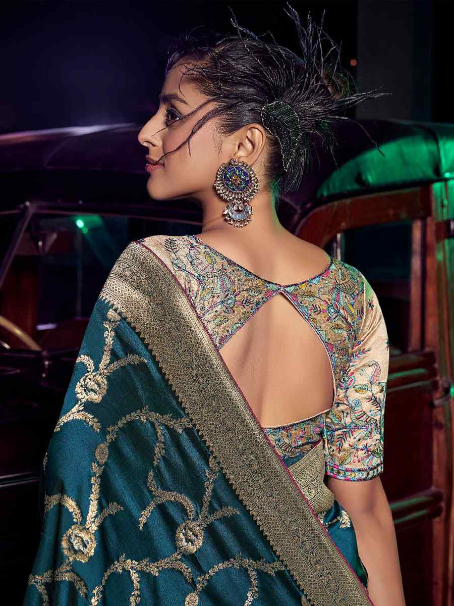 Bottle Blue Pure Silk Printed Handwoven Traditional Bridal Reception Festival Wedding Fancy Heavy Border Sarees