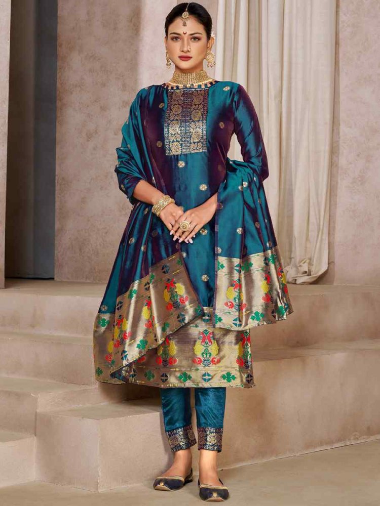 Bottle Blue Tapeta Silk Embroidered Casual Festival Pant Salwar Kameez