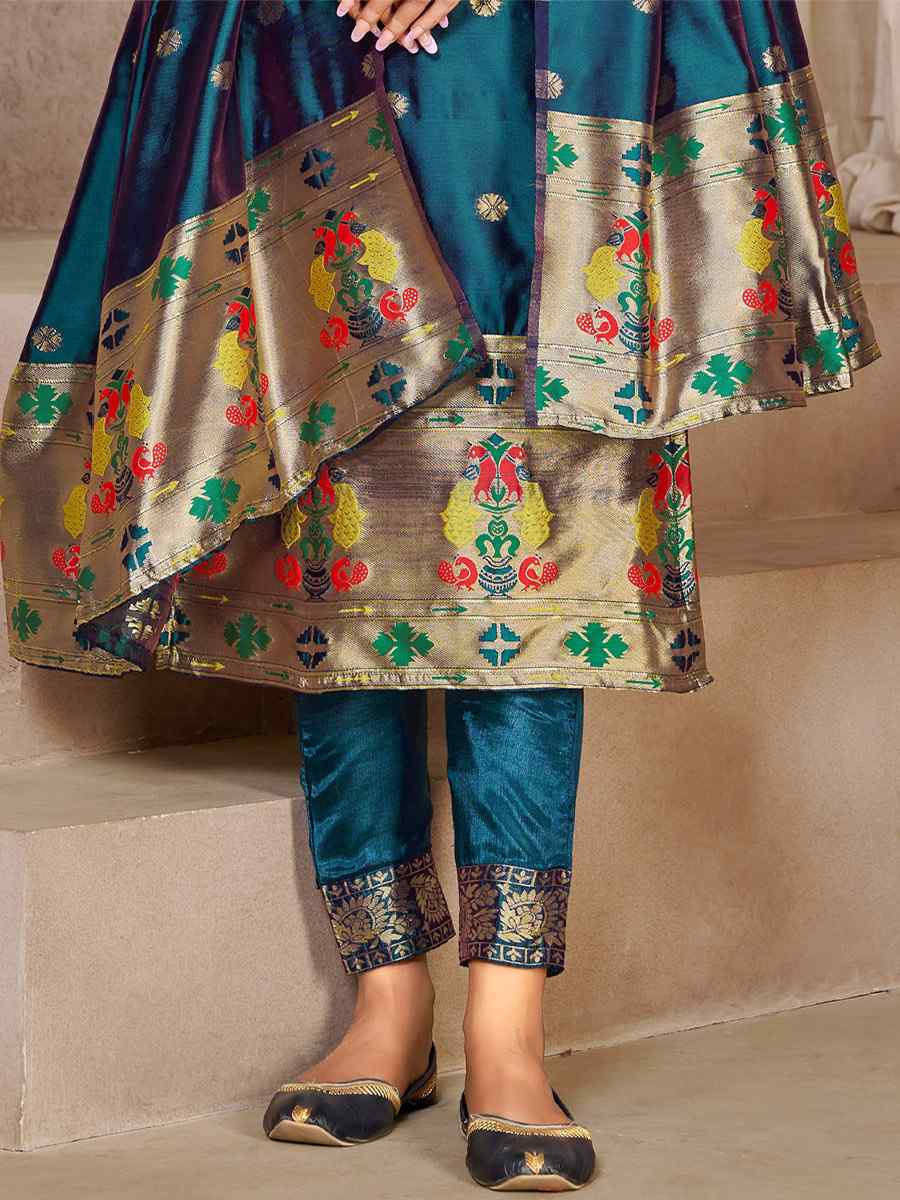 Bottle Blue Tapeta Silk Embroidered Casual Festival Pant Salwar Kameez