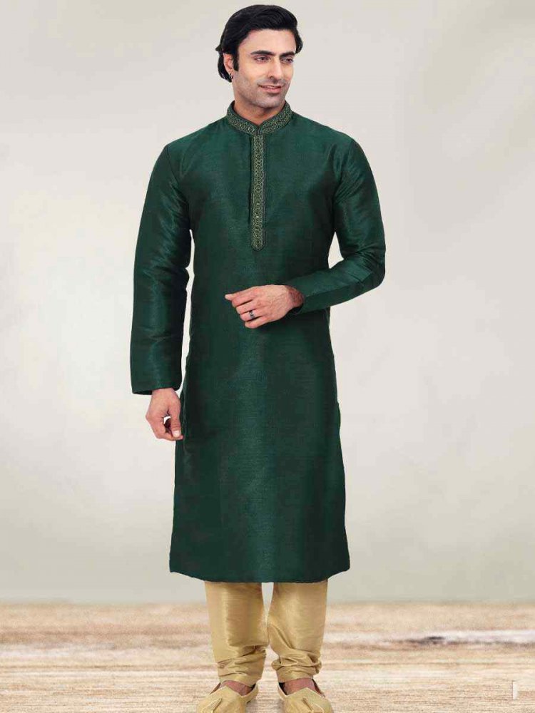 Bottle Green Art Banarasi Silk Woven Festival Mehendi Kurta