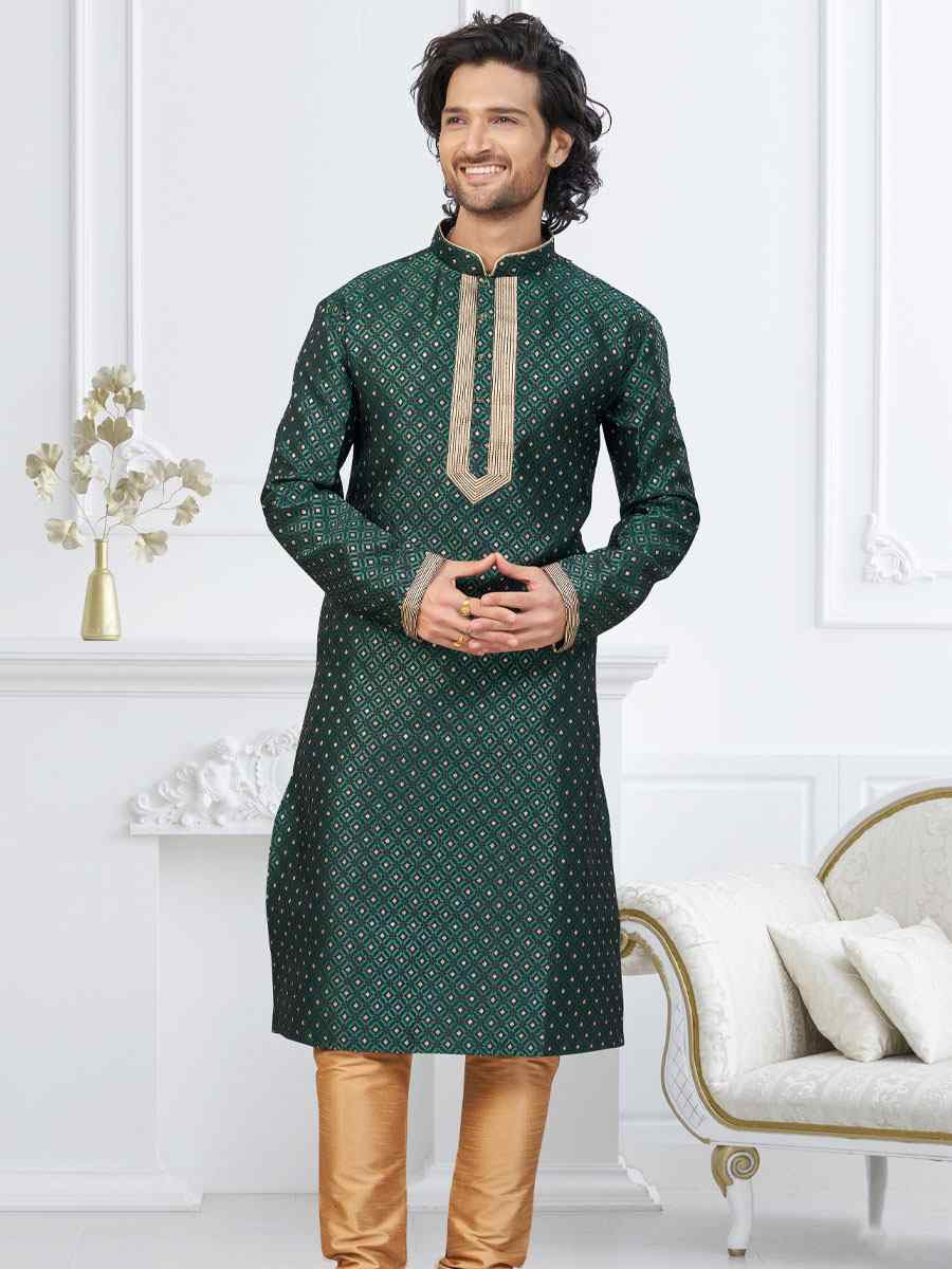 Bottle Green Banarasi Jackard Embroidery Festival Wedding Party Mens Kurta