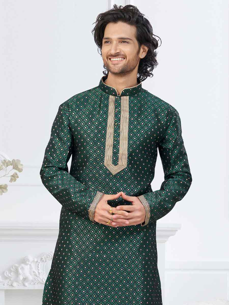 Bottle Green Banarasi Jackard Embroidery Festival Wedding Party Mens Kurta