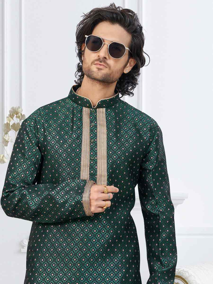 Bottle Green Banarasi Jackard Embroidery Festival Wedding Party Mens Kurta