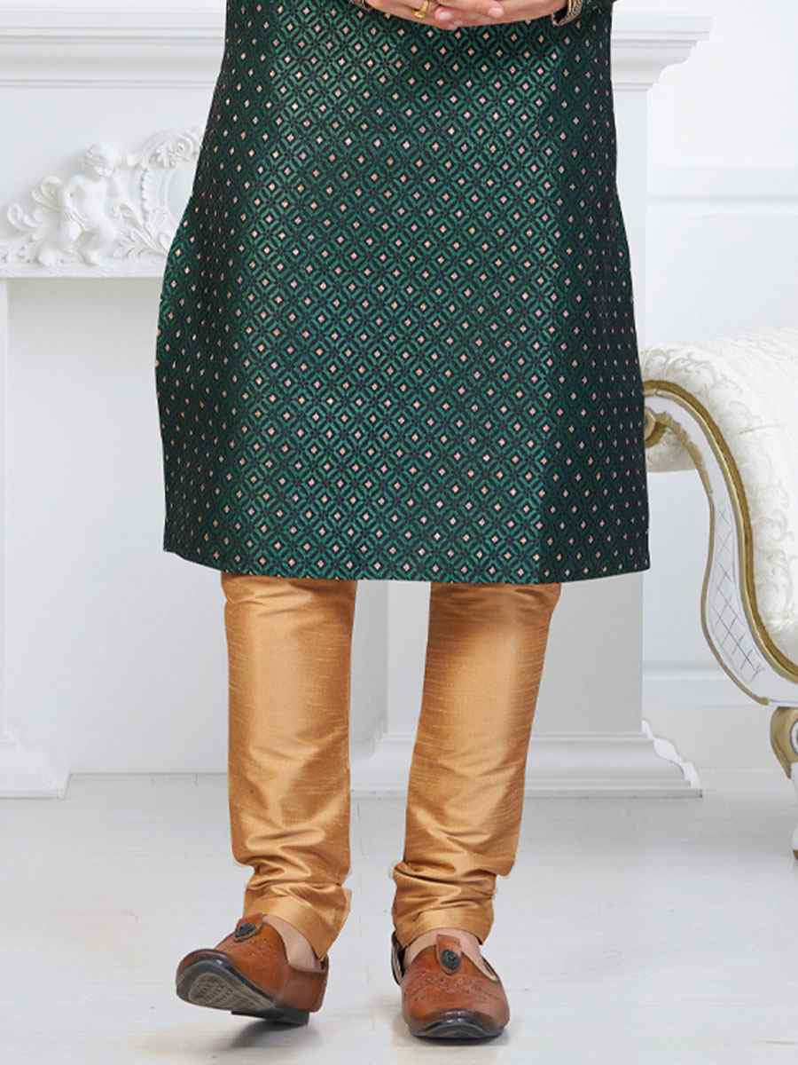 Bottle Green Banarasi Jackard Embroidery Festival Wedding Party Mens Kurta