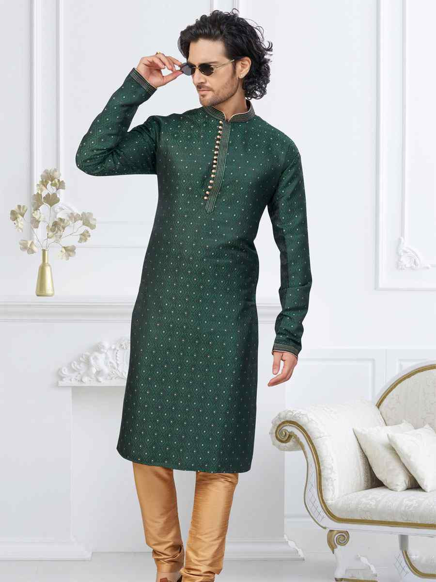 Bottle Green Banarasi Jackard Embroidery Festival Wedding Party Mens Kurta
