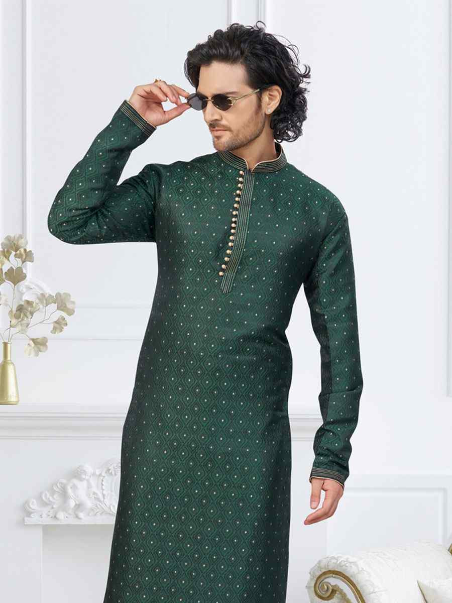 Bottle Green Banarasi Jackard Embroidery Festival Wedding Party Mens Kurta