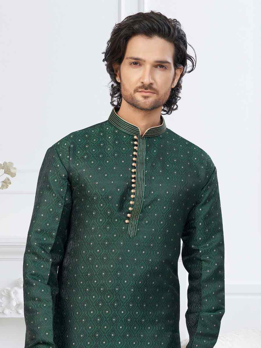 Bottle Green Banarasi Jackard Embroidery Festival Wedding Party Mens Kurta