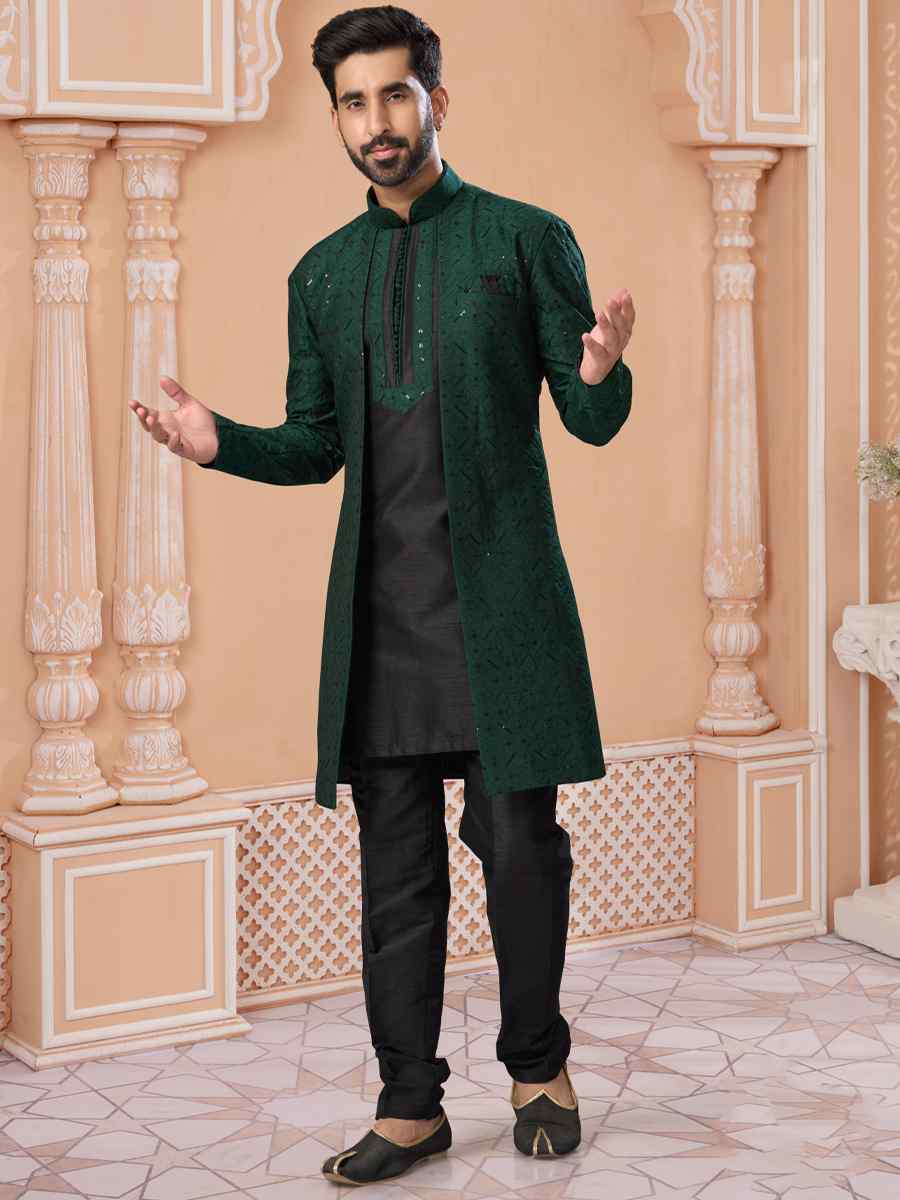 Bottle Green Banglori Silk Embroidered Groom Wedding Sherwani