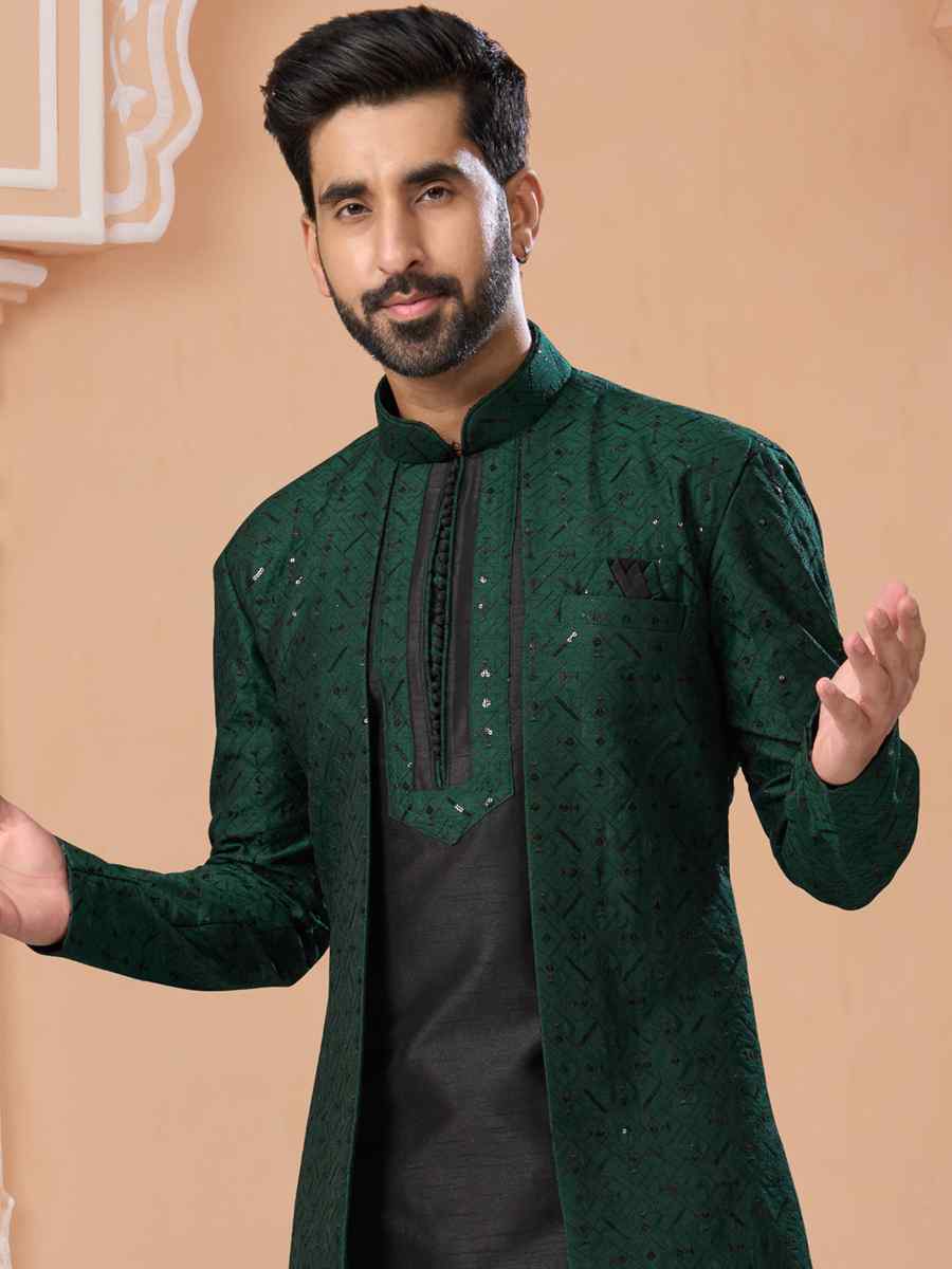 Bottle Green Banglori Silk Embroidered Groom Wedding Sherwani