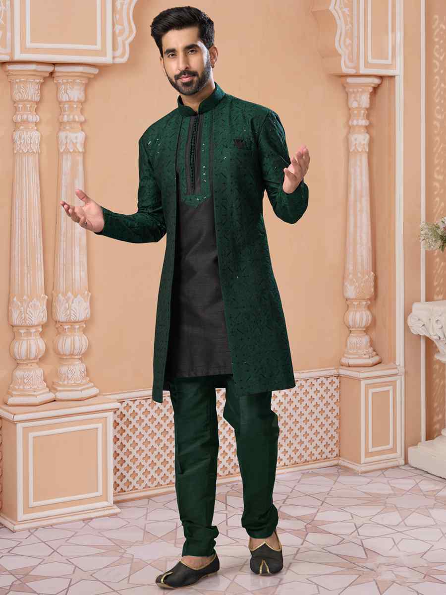 Bottle Green Banglori Silk Embroidered Groom Wedding Sherwani