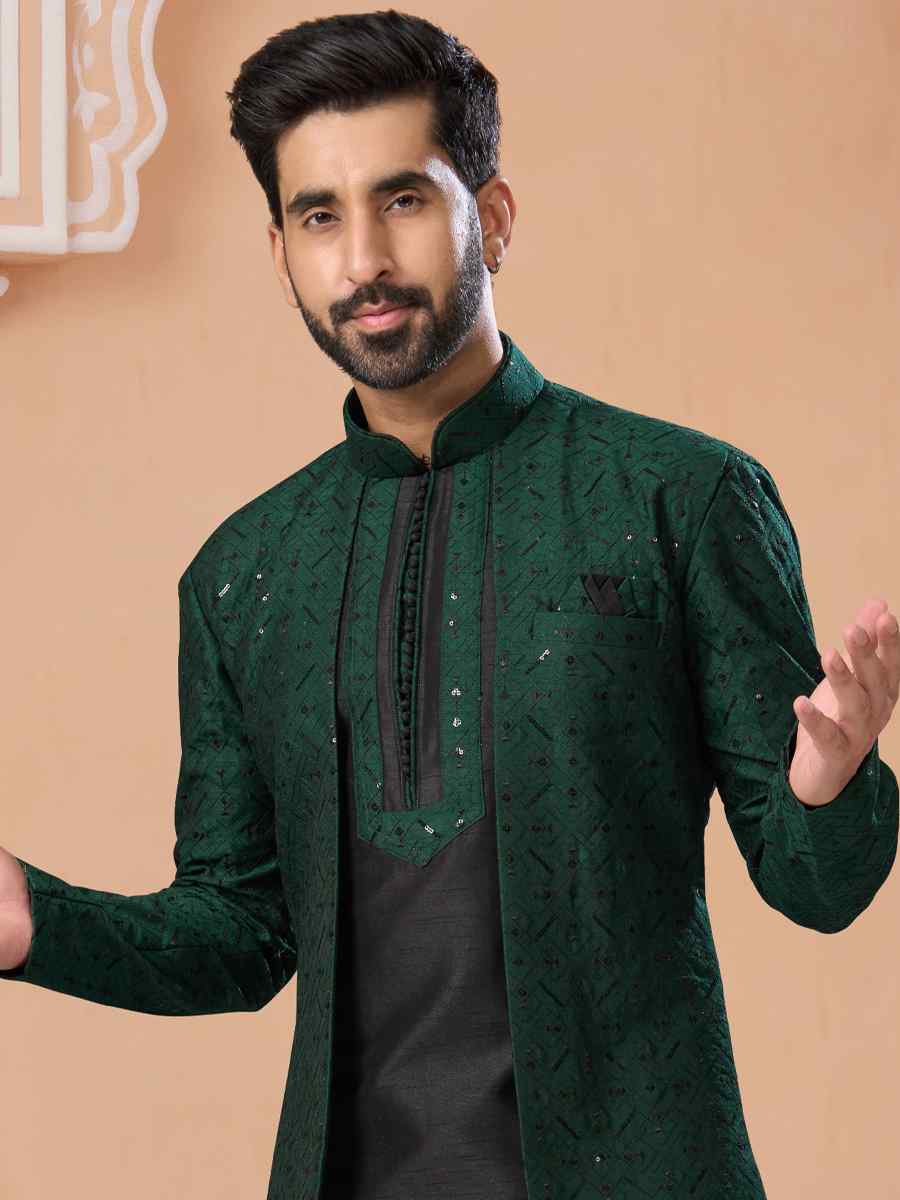 Bottle Green Banglori Silk Embroidered Groom Wedding Sherwani