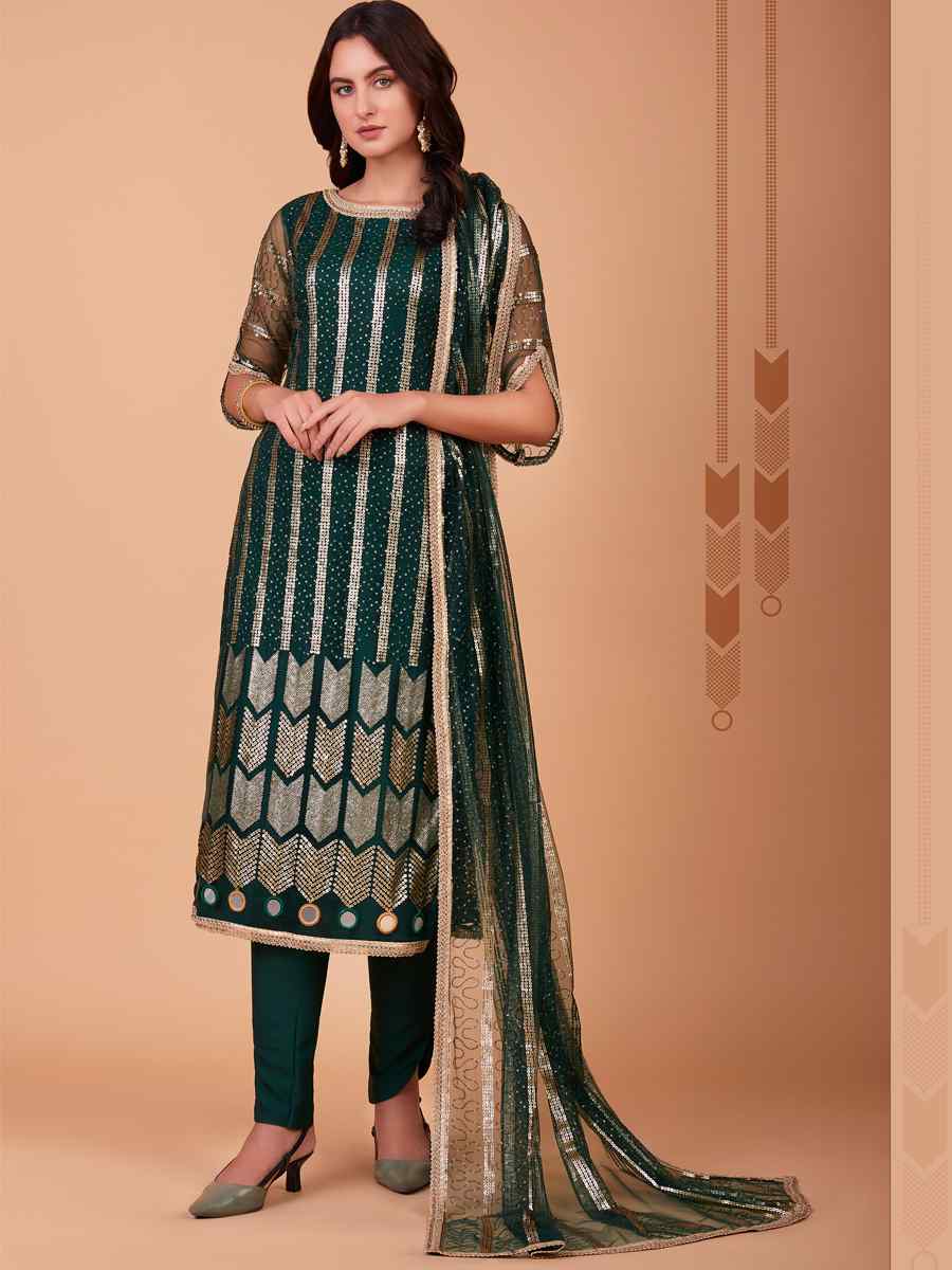 Bottle Green Butterfly Net Embroidered Festival Party Pant Salwar Kameez