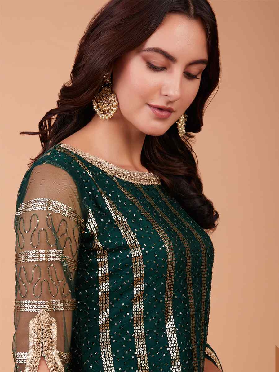 Bottle Green Butterfly Net Embroidered Festival Party Pant Salwar Kameez
