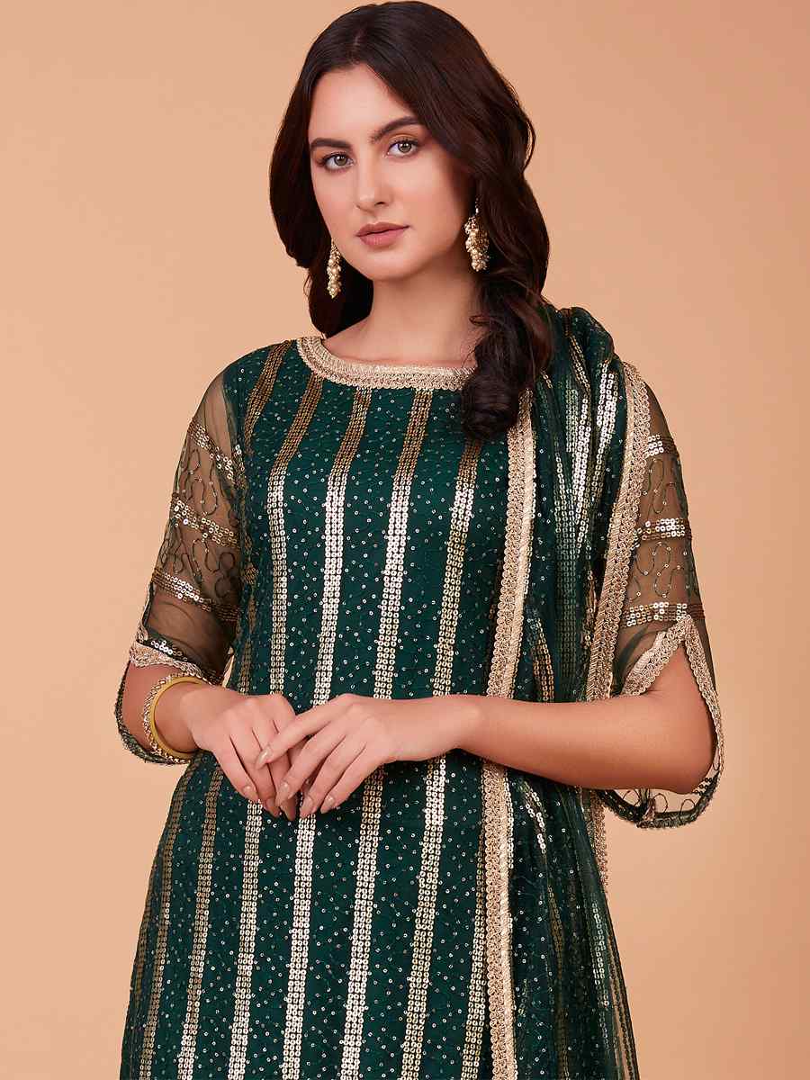 Bottle Green Butterfly Net Embroidered Festival Party Pant Salwar Kameez