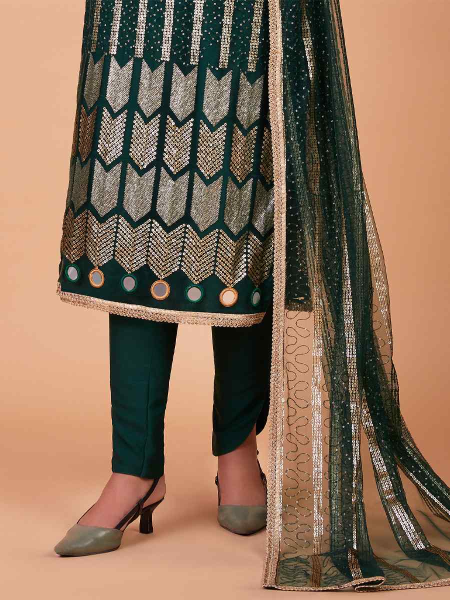 Bottle Green Butterfly Net Embroidered Festival Party Pant Salwar Kameez