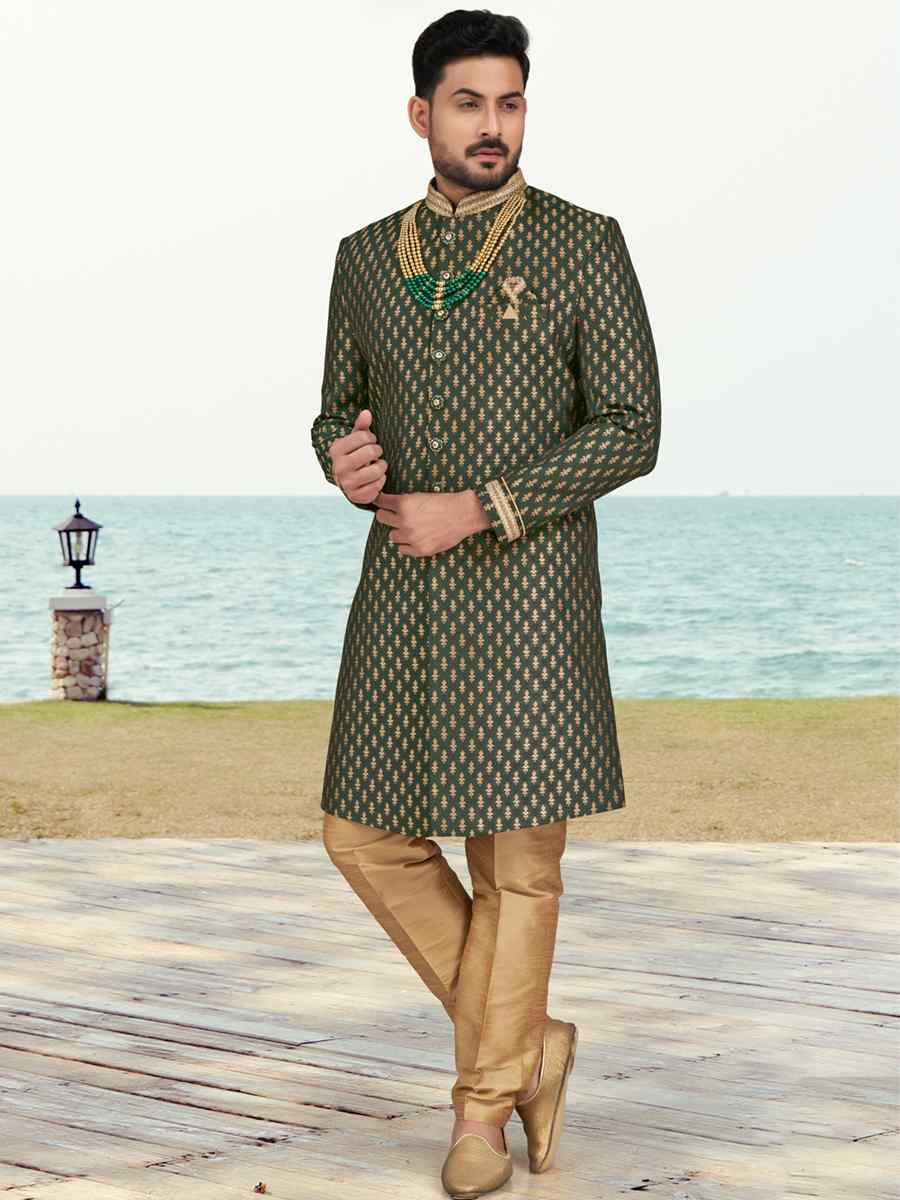 Bottle Green Champion Silk Printed Festival Party Sherwani